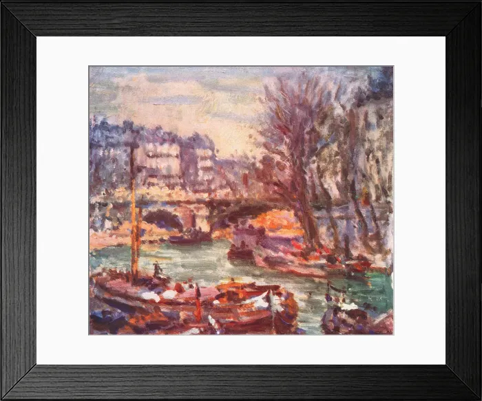 Framed Print : Paris. A painting of a Paris scene, looking towards a bridge spanning the river Seine