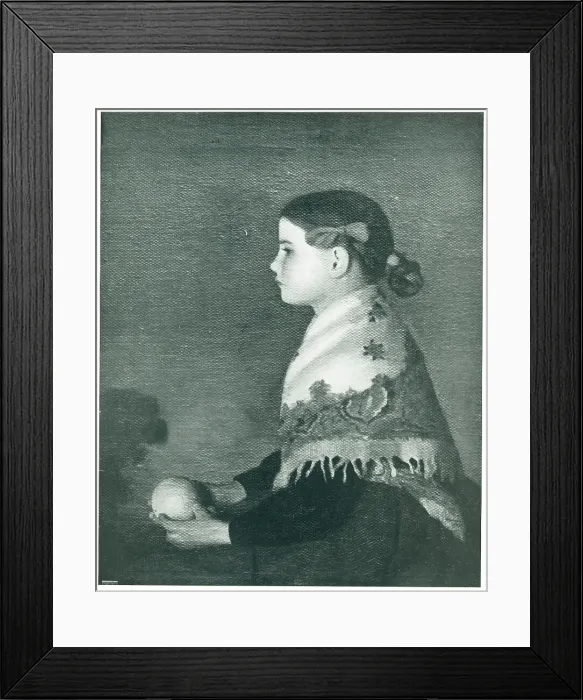 Framed Print : Manolita. A side profile portrait painting of a girl holding a fruit in both hands, Framed Print : Manolita. A side profile portrait painting of a girl holding a fruit in both hands,