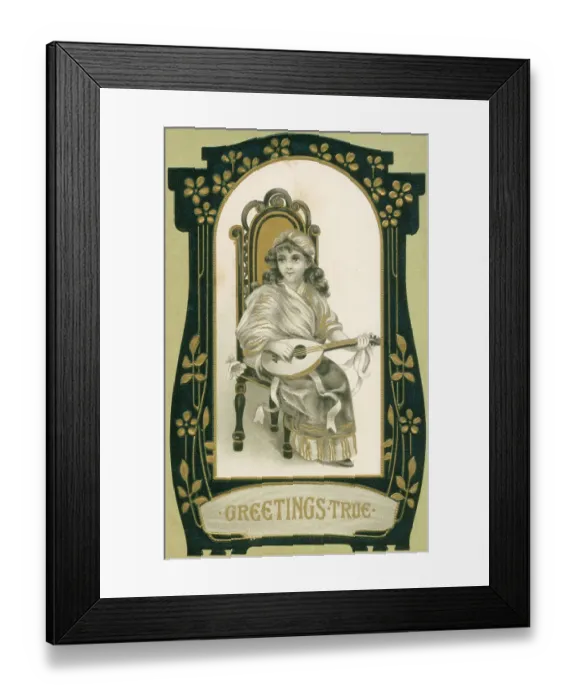 Framed Print : Young girl in an elegant high-backed chair playing a lute Framed Print : Young girl in an elegant high-backed chair playing a lute
