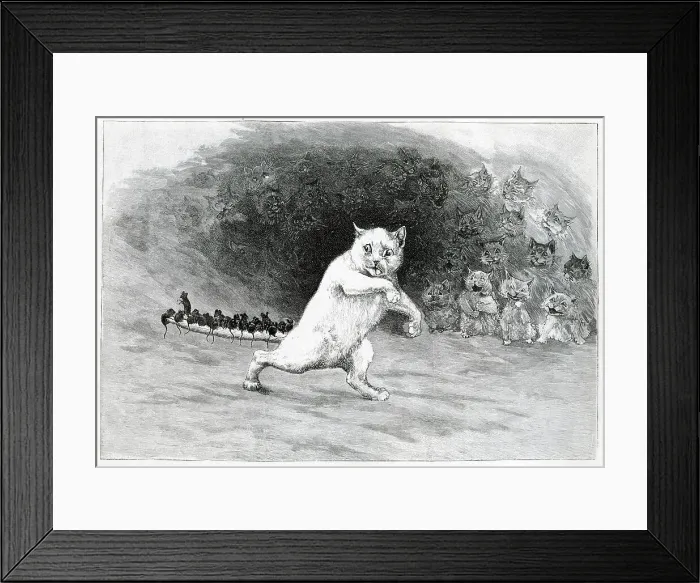 Framed Print : The Cat's Nightmare, comical cat with mice on his tail Framed Print : The Cat's Nightmare, comical cat with mice on his tail