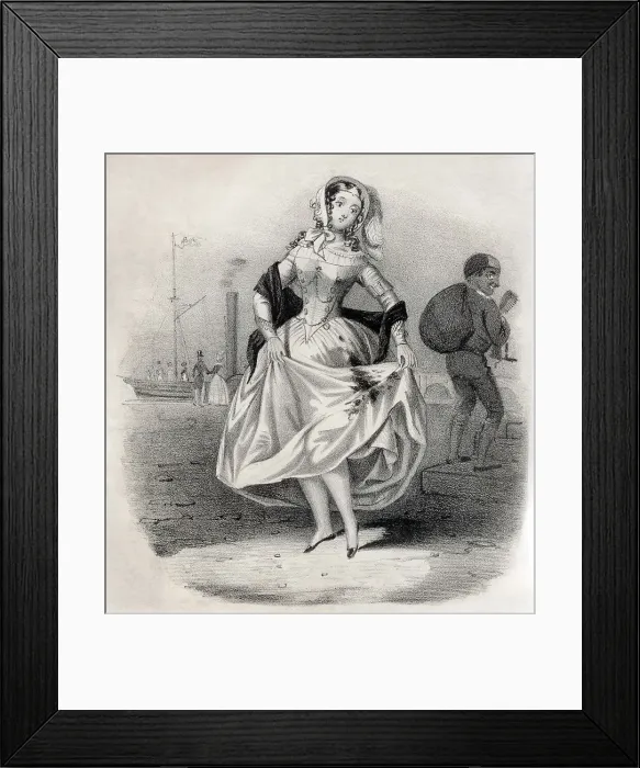 Framed Print : Fashionable young Lady's dress ruined by brush with Sweep Framed Print : Fashionable young Lady's dress ruined by brush with Sweep