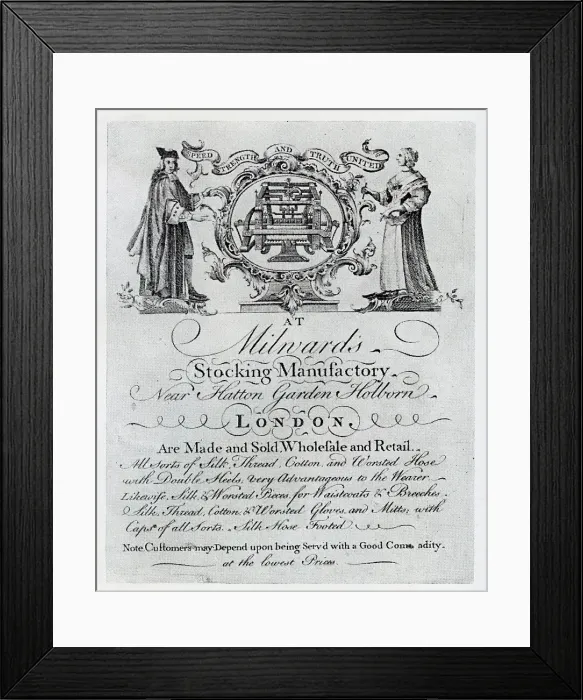 Framed Print : Advert - Milward's Stocking Manufactory, near Hatton Garden Framed Print : Advert - Milward's Stocking Manufactory, near Hatton Garden