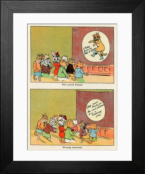 Framed Print : Louis Wain - comical cats watching a lantern slide show Framed Print : Louis Wain - comical cats watching a lantern slide show