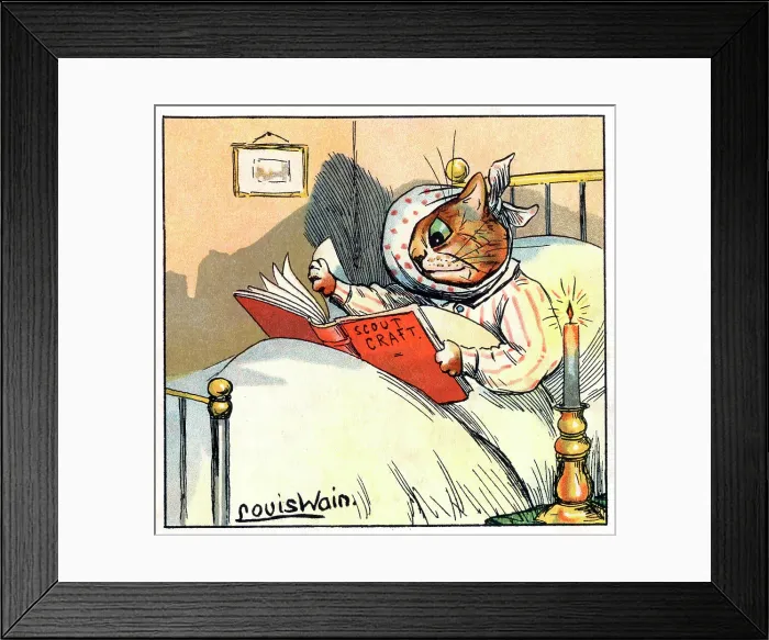 Framed Print : Louis Wain Cat in bed with toothache reading Scout Craft Framed Print : Louis Wain Cat in bed with toothache reading Scout Craft