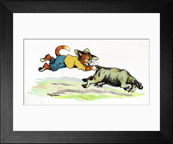 Framed Print : Louis Wain Cat Scout catching a Nanny Goat