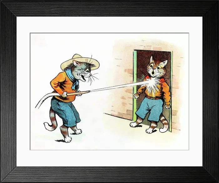 Framed Print : Louis Wain Cat Scout aiming a firehose at a fellow cat Framed Print : Louis Wain Cat Scout aiming a firehose at a fellow cat