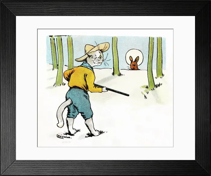 Framed Print : Louis Wain Cat Scout hunting a bunny rabbit Framed Print : Louis Wain Cat Scout hunting a bunny rabbit