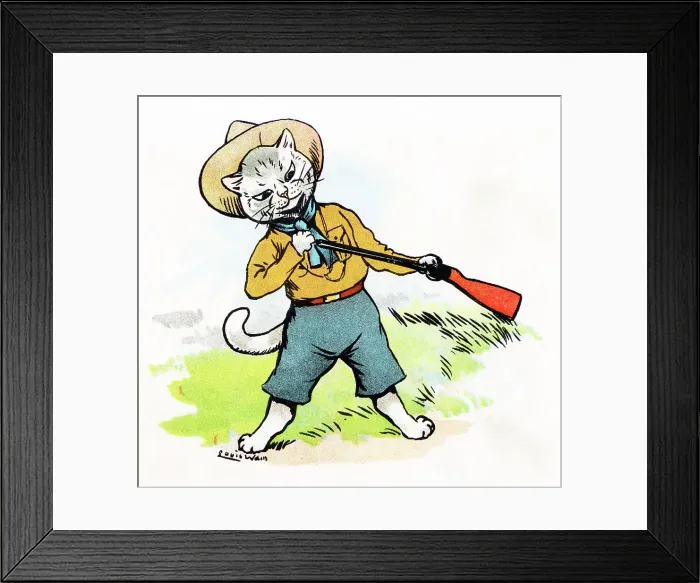 Framed Print : Louis Wain Cat Scout loading his rifle with powder and shot Framed Print : Louis Wain Cat Scout loading his rifle with powder and shot