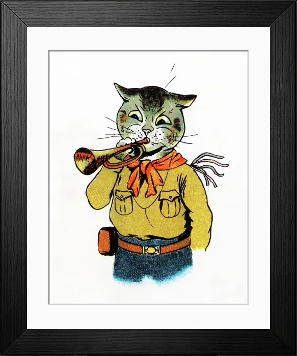 Framed Print : Louis Wain Cat Scout playing Reveille on his bugle Framed Print : Louis Wain Cat Scout playing Reveille on his bugle