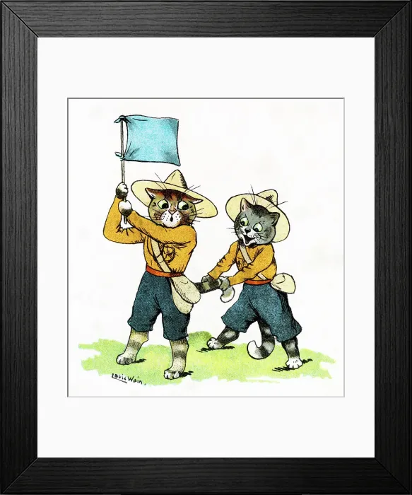 Framed Print : Louis Wain Cat Scout pulling tail of semaphore flag waver