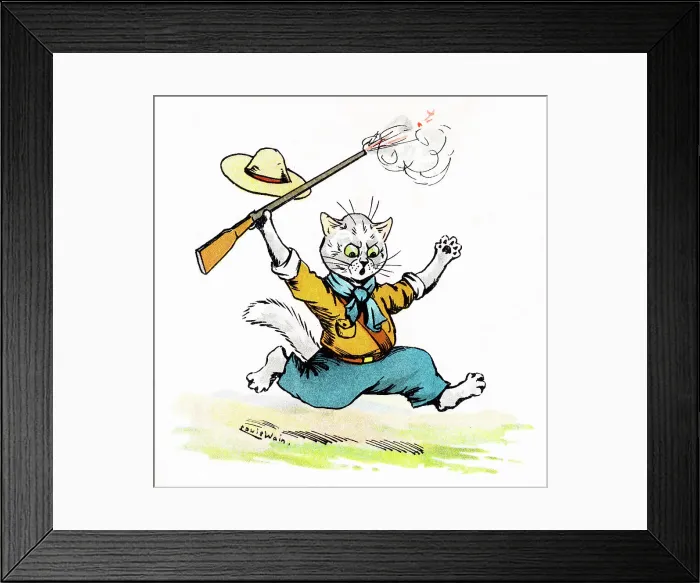 Framed Print : Louis Wain Cat Scout scares himself when firing his rifle Framed Print : Louis Wain Cat Scout scares himself when firing his rifle