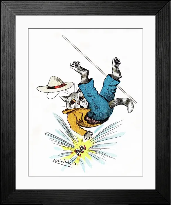 Framed Print : Louis Wain Cat Scout surprised by a fire cracker firework Framed Print : Louis Wain Cat Scout surprised by a fire cracker firework