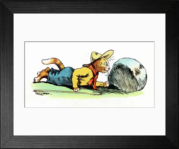 Framed Print : Louis Wain Cat Scout stalking from behind a bolder Framed Print : Louis Wain Cat Scout stalking from behind a bolder