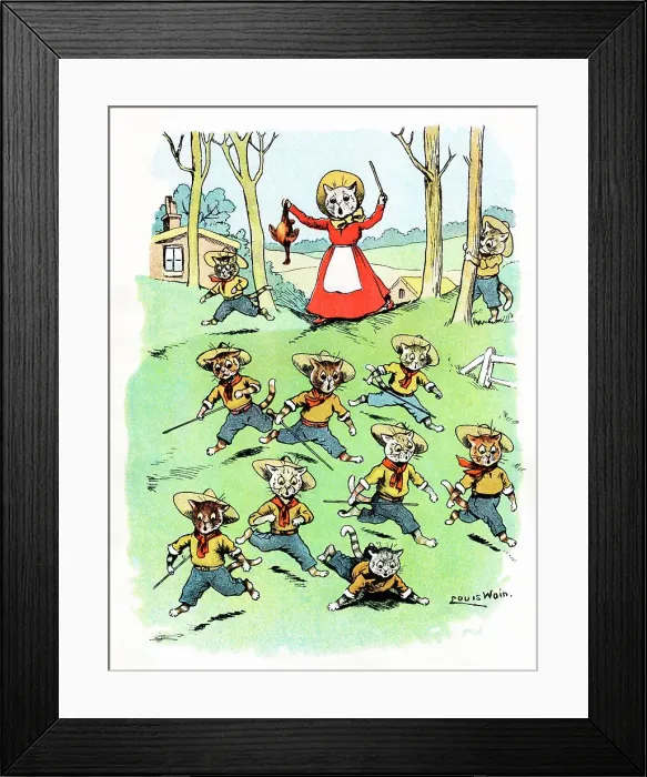 Framed Print : Louis Wain Cat Scouts foiled from stealing a chicken Framed Print : Louis Wain Cat Scouts foiled from stealing a chicken