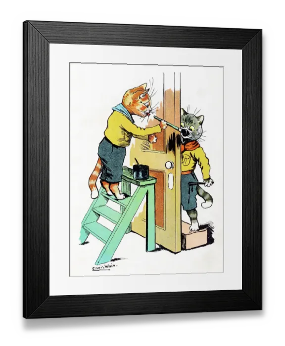 Framed Print : Louis Wain Cat Scouts painting a door Framed Print : Louis Wain Cat Scouts painting a door