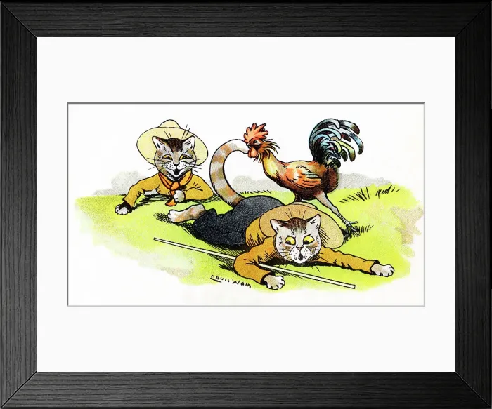 Framed Print : Louis Wain Cat Scouts pecked by a hen - A Peck of Troubles Framed Print : Louis Wain Cat Scouts pecked by a hen - A Peck of Troubles