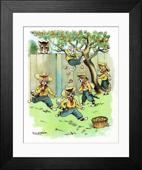 Framed Print : Louis Wain Cat Scouts scrumping apples in the orchard Framed Print : Louis Wain Cat Scouts scrumping apples in the orchard