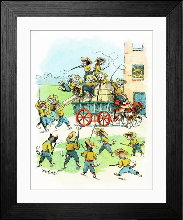 Framed Print : Louis Wain Cat Scouts, rival cats attack the wagon Framed Print : Louis Wain Cat Scouts, rival cats attack the wagon