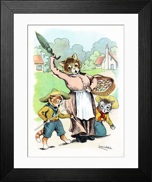 Framed Print : Louis Wain Mummy Cat stopping her Cat Scouts arguing Framed Print : Louis Wain Mummy Cat stopping her Cat Scouts arguing