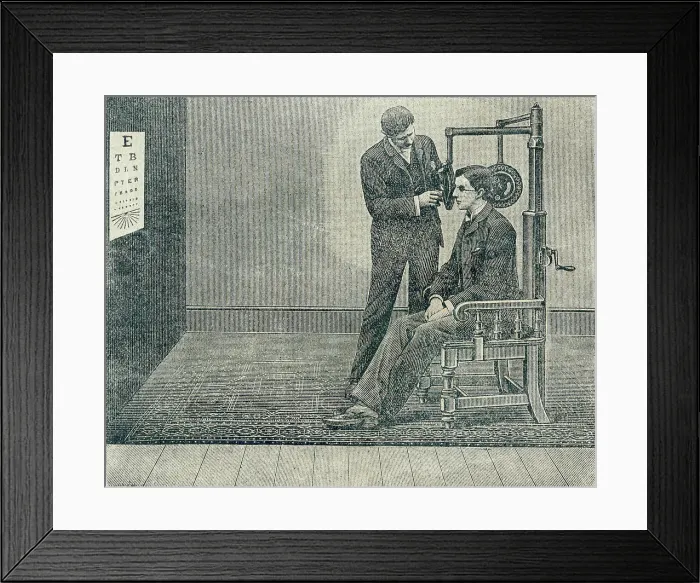 Framed Print : 19th century Optician testing patient's eyesight Framed Print : 19th century Optician testing patient's eyesight