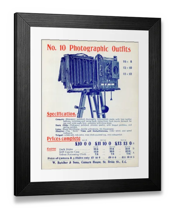 Framed Print : No 10 three sizes of Plates Photographic Camera Outfit
