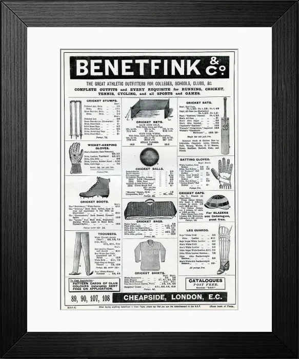 Framed Print : Cricket Equipment, Benetfink and Co Framed Print : Cricket Equipment, Benetfink and Co