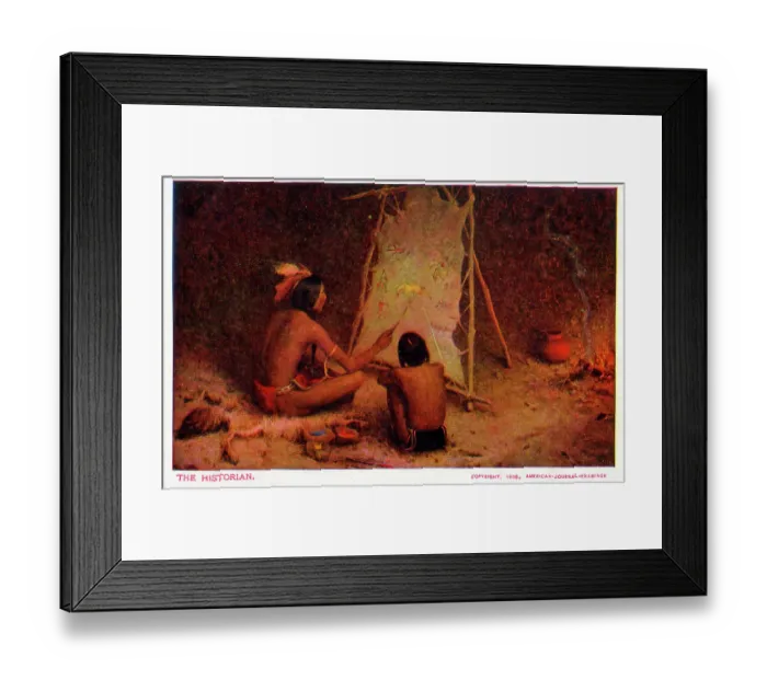 Framed Print : The Historian - Indian Elder teaches boy using pictograms Framed Print : The Historian - Indian Elder teaches boy using pictograms