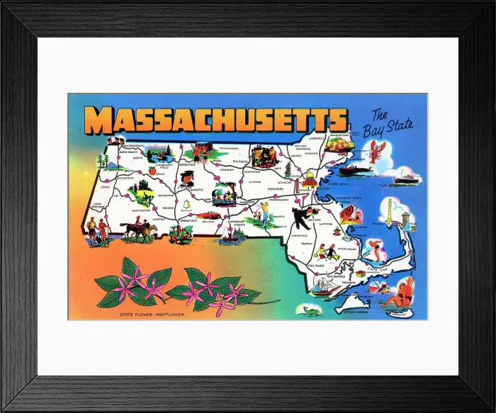 Framed Print : Map postcard - Greetings from Massachusetts, USA Framed Print : Map postcard - Greetings from Massachusetts, USA