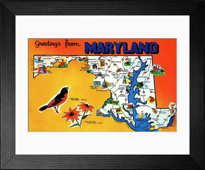 Framed Print : Map postcard - Greetings from Maryland, USA Framed Print : Map postcard - Greetings from Maryland, USA