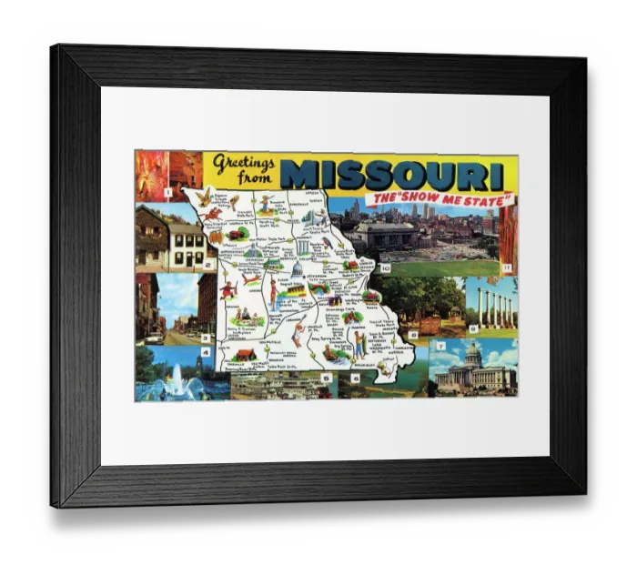Framed Print : Map postcard - Greetings from Missouri, USA