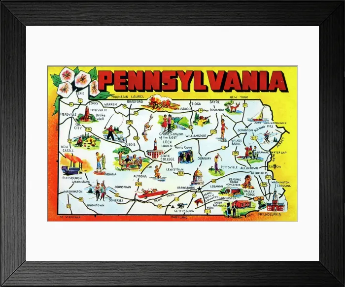 Framed Print : Map postcard - Greetings from Pennsylvania, USA Framed Print : Map postcard - Greetings from Pennsylvania, USA