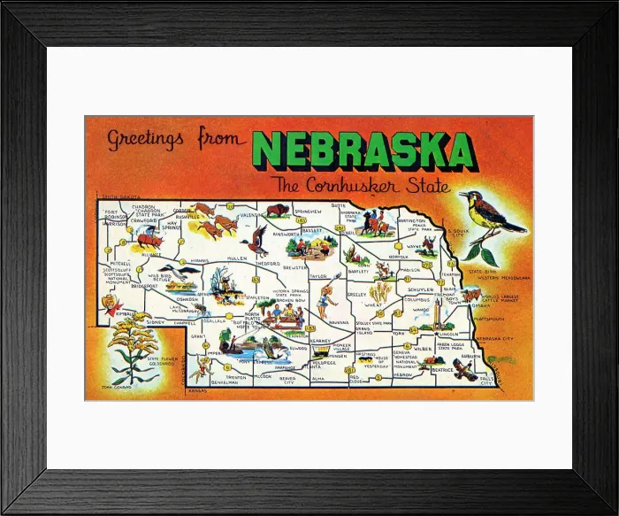 Framed Print : Map postcard - Greetings from Nebraska, USA Framed Print : Map postcard - Greetings from Nebraska, USA