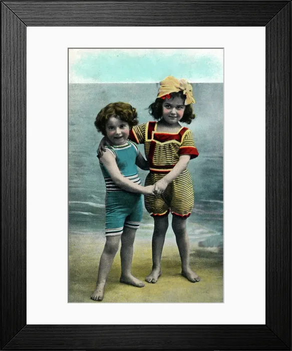 Framed Print : Two Young Edwardian Children, striped bathing costumes Framed Print : Two Young Edwardian Children, striped bathing costumes