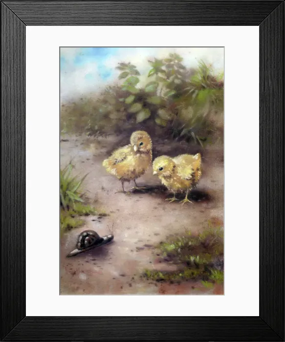 Framed Print : Easter chicks with snail Framed Print : Easter chicks with snail