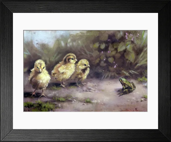 Framed Print : Easter chicks with frog Framed Print : Easter chicks with frog