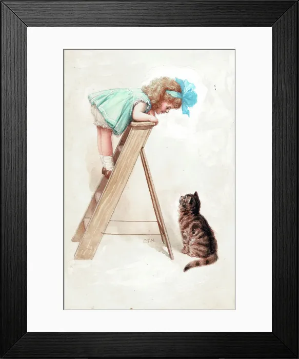 Framed Print : Girl climbing stairs with toys Framed Print : Girl climbing stairs with toys