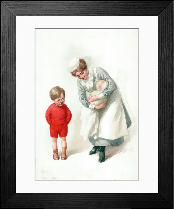 Framed Print : Boy and nurse holding baby Framed Print : Boy and nurse holding baby