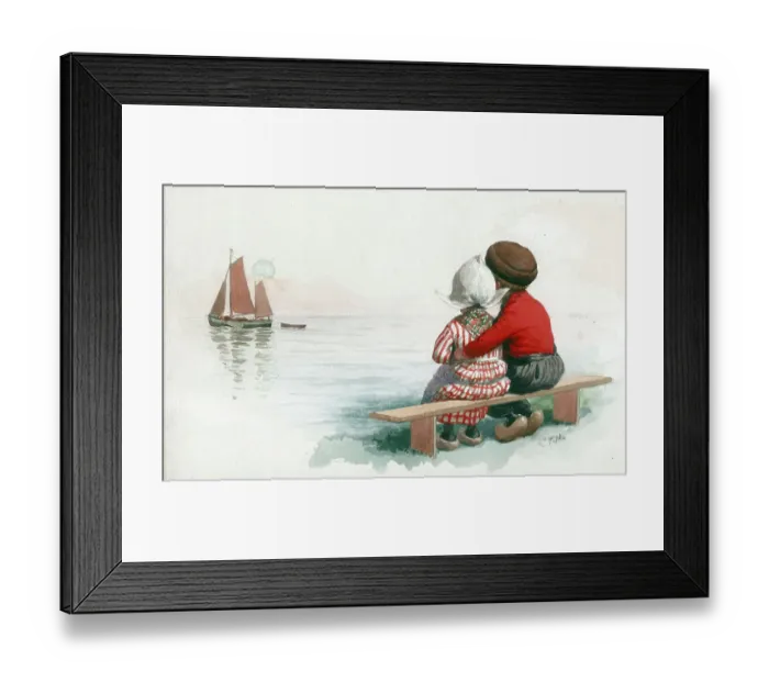 Framed Print : Dutch children - two seated on bench Framed Print : Dutch children - two seated on bench