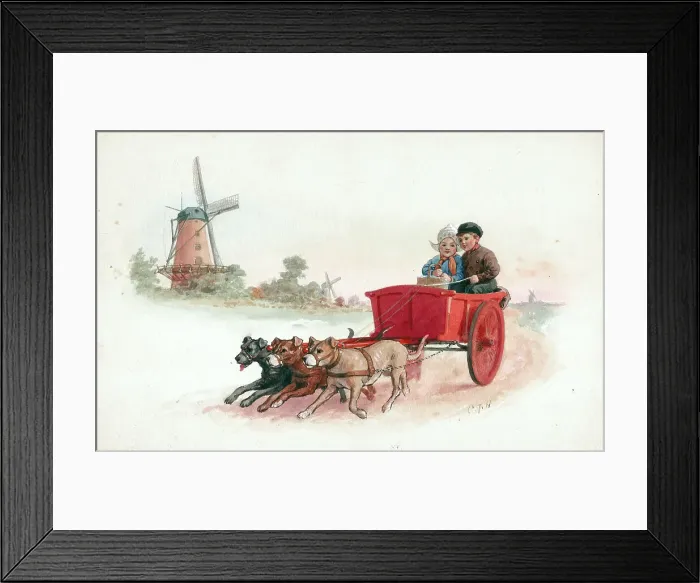 Framed Print : Dutch children - two in dogcart with windmill Framed Print : Dutch children - two in dogcart with windmill