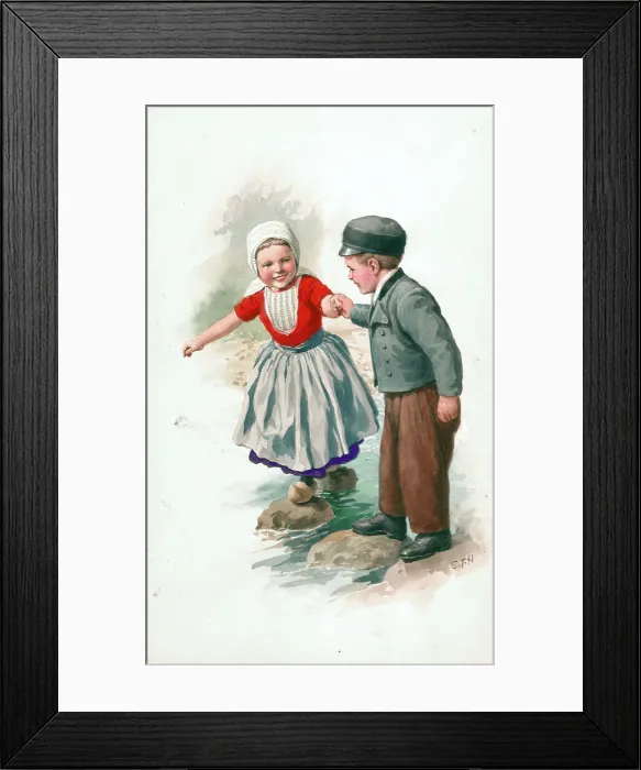 Framed Print : Dutch children - two on stepping stones Framed Print : Dutch children - two on stepping stones