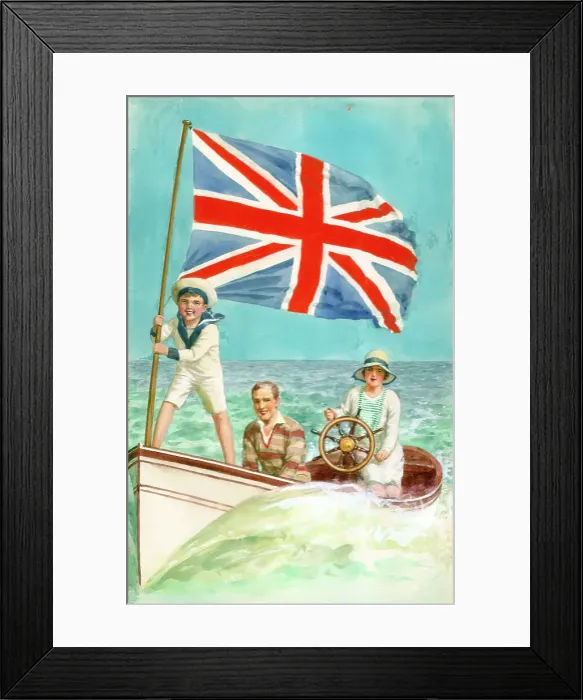 Framed Print : Family in launch with Union Jack Framed Print : Family in launch with Union Jack