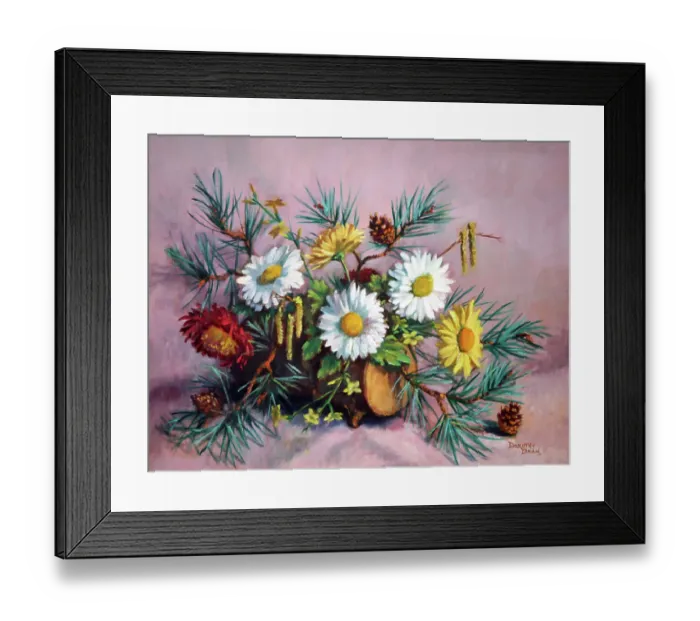 Framed Print : Daisies and Fir Cones Framed Print : Daisies and Fir Cones