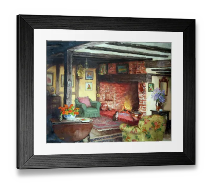 Framed Print : Cottage fireside with cat Framed Print : Cottage fireside with cat