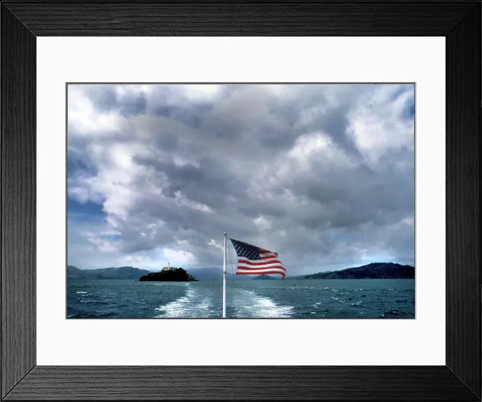 Framed Print : View of Alcatraz from ferry - American Flag, San Francisco Framed Print : View of Alcatraz from ferry - American Flag, San Francisco