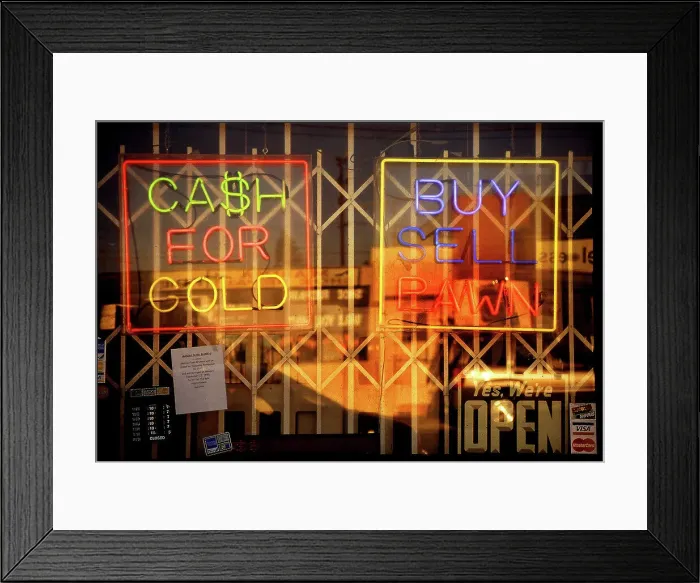 Framed Print : Window of Los Angeles pawn shop with neon, USA Framed Print : Window of Los Angeles pawn shop with neon, USA