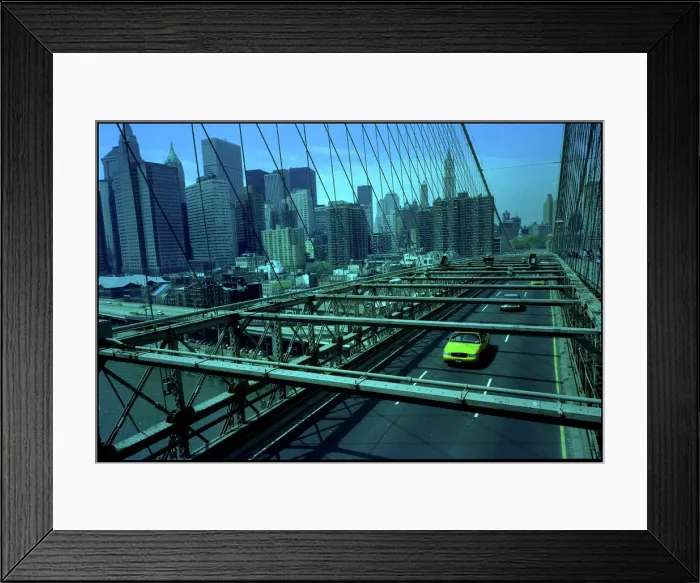 Framed Print : Manhattan skyline from Brooklyn Bridge with yellow cab, USA Framed Print : Manhattan skyline from Brooklyn Bridge with yellow cab, USA