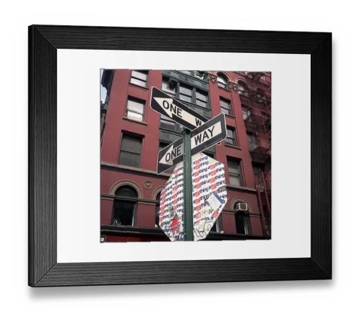 Framed Print : One-way sign and street furniture, New York - Street signs Framed Print : One-way sign and street furniture, New York - Street signs
