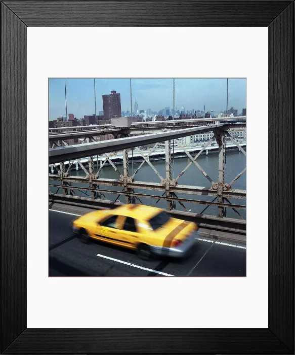 Framed Print : Yellow cab taxi on Brooklyn Bridge, New York, USA Framed Print : Yellow cab taxi on Brooklyn Bridge, New York, USA
