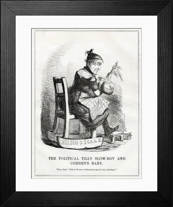 Framed Print : Cartoon, The Political Tilly Slow-Boy and Cobden's Baby. Sliding Scale: satirical comment on free trade, as supported by Richard Cobden and others. Date: 1846 Framed Print : Cartoon, The Political Tilly Slow-Boy and Cobden's Baby. Sliding Scale: satirical comment on free trade, as supported by Richard Cobden and others. Date: 1846