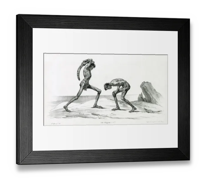 Framed Print : Two natives of New South Wales fight a duel : judging by the submission of one to the other, this is some kind of ritual affair Date: 1830s Framed Print : Two natives of New South Wales fight a duel : judging by the submission of one to the other, this is some kind of ritual affair Date: 1830s
